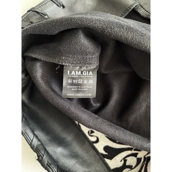 I AM GIA Faux Leather Pants Women 26x32 Black Embroidered Raw Hem Stretch Biker - Picture 4 of 11